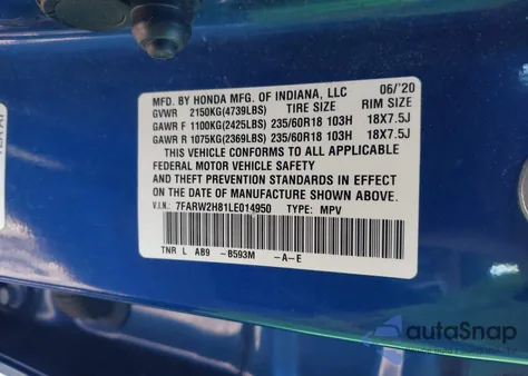 2020 Honda Cr-V Awd Ex-L из США, поврежденный, VIN 7FARW2H81LE014950